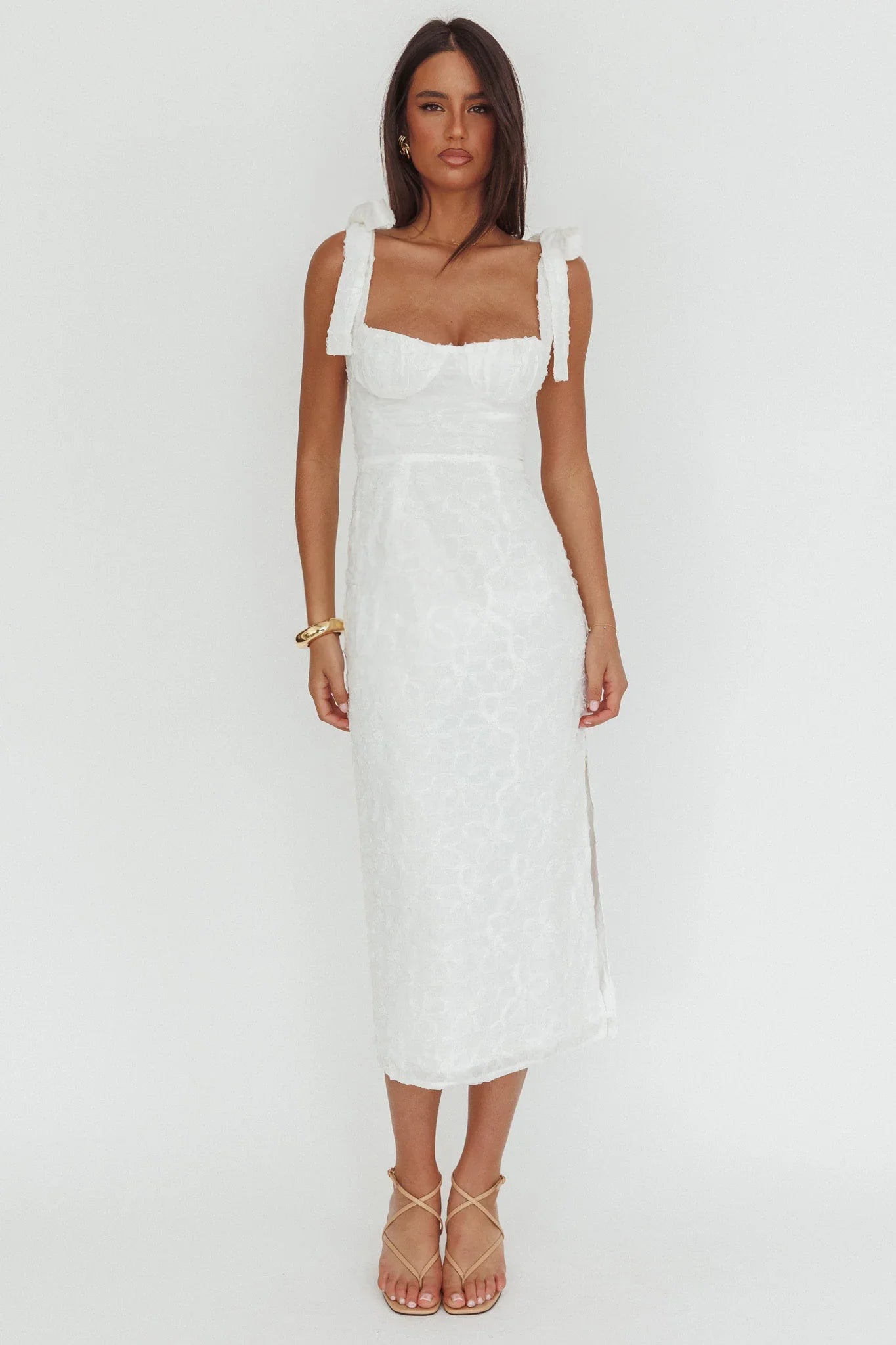 Cupid Tied Shoulder Embellished Midi Dress White